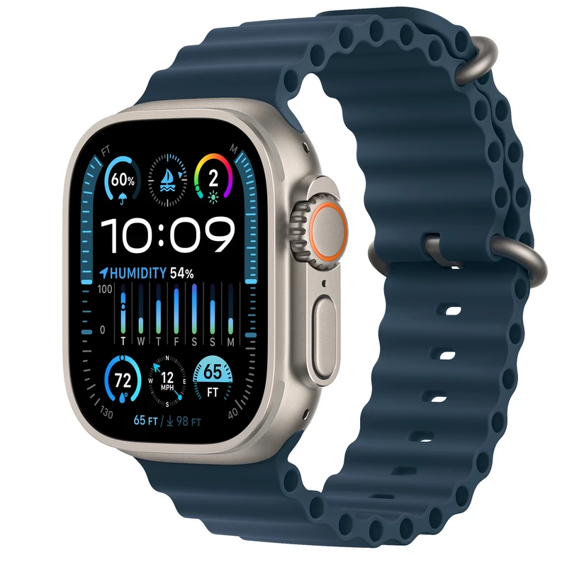 ساعت هوشمند اپل مدل Ultra 2 Titanium Case Ocean Band 49mm، مناسب برای ورزش، دارای قابلیت‌های کنترل موسیقی، کنترل سطح اکسیژن خون، قابلیت مکالمه از طریق بلوتوث، بند سیلیکون، فرم صفحه مستطیل، فناوری GPS، با حافظه داخلی 64 گیگابایت